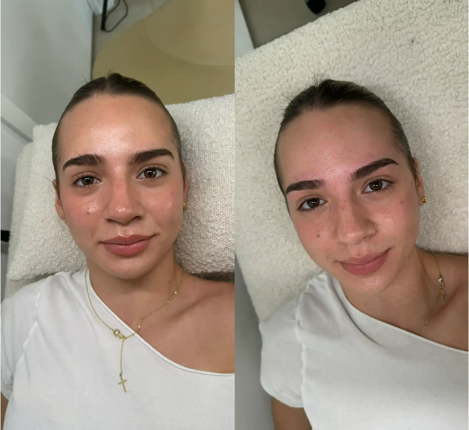 Before and after of powder brows defining shape and colour